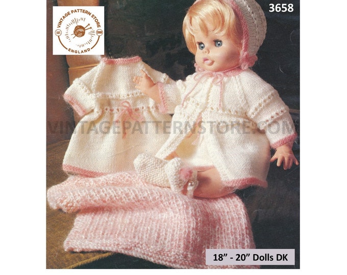 80s vintage 18" 20" baby dolls clothes DK layette matinee coat dress shoes and pram cover pdf knitting pattern Instant PDF download 3658