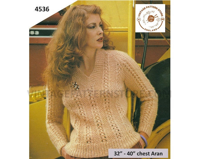 Ladies Womens 80s vintage V neck lacy lace cabled cable striped raglan aran sweater jumper pdf knitting pattern 32" to 40" PDF Download 4536