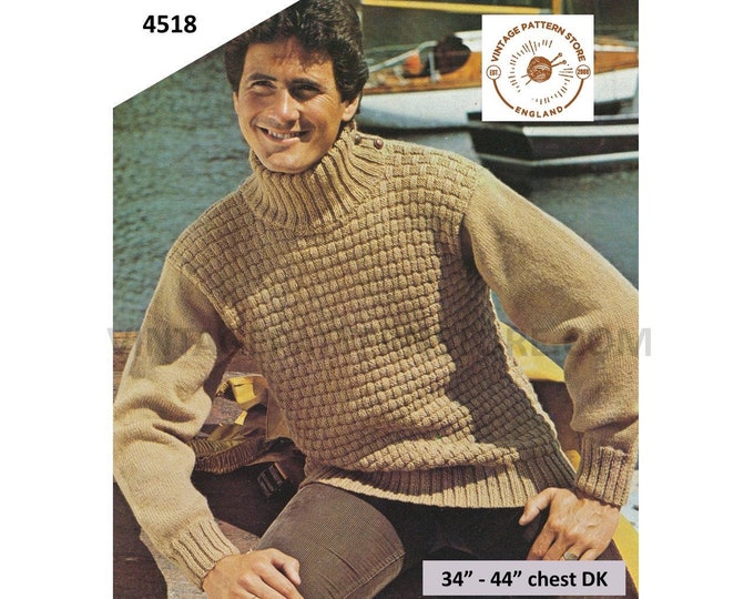 Mens Mans 80s vintage DK rib ribbed funnel neck textured raglan sweater jumper pdf knitting pattern 34" to 44" Instant PDF Download 4518