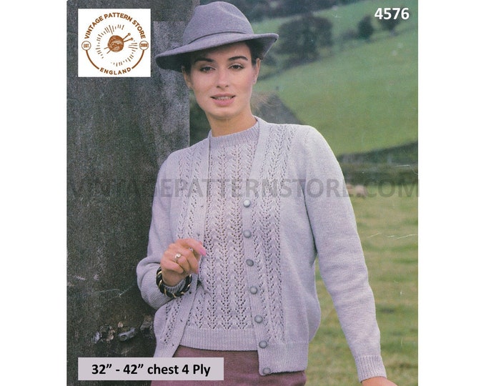 Womens 80s vintage 4 ply eyelet lace panel lacy raglan cardigan and sweater jumper twin set pdf knitting pattern 32" to 42" Download 4576