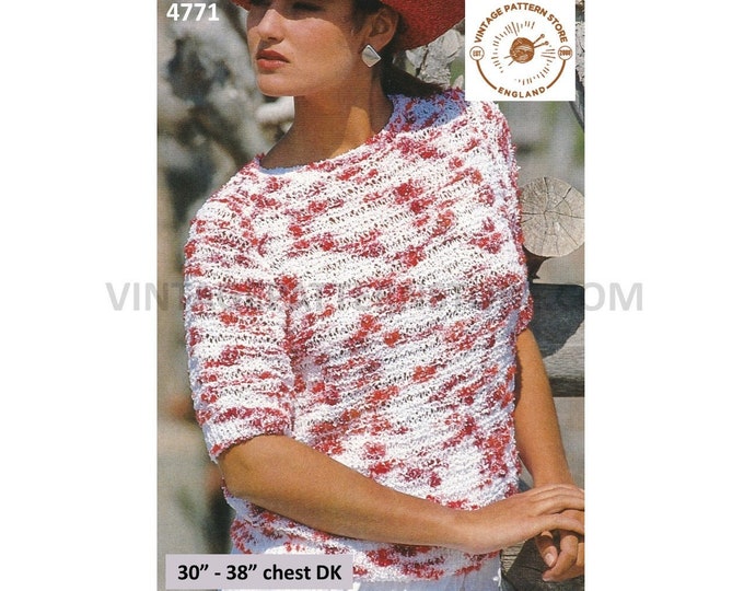 Ladies Womens 90s DK quick & easy to knit round neck short sleeve raglan summer sweater jumper pdf knitting pattern 30" to 38" Download 4771