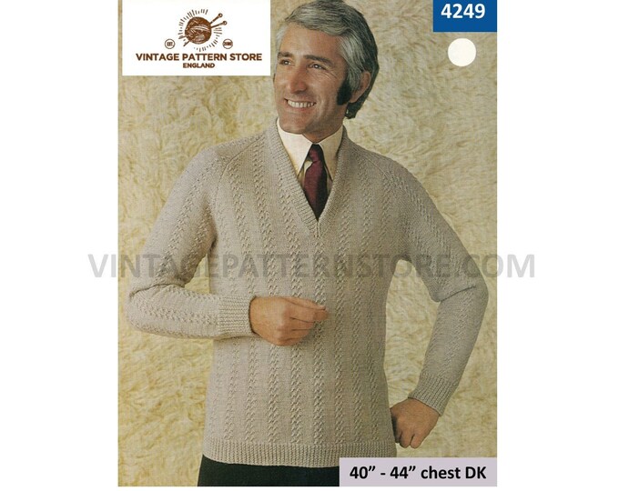 Mens Mans 70s vintage DK V neck cabled cable striped raglan sweater jumper pullover pdf knitting pattern 40" to 44" chest PDF Download 4249