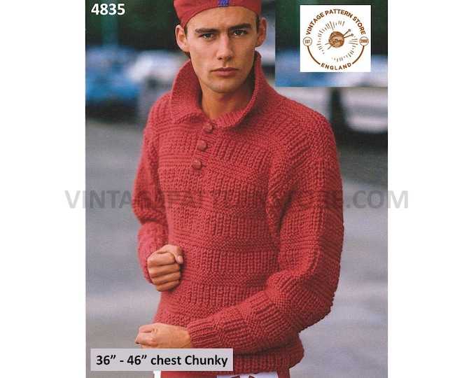 Mens Mans 90s quick & easy to knit shirt neck drop shoulder chunky knit dolman sweater jumper pdf knitting pattern 36" to 46" Download 4835