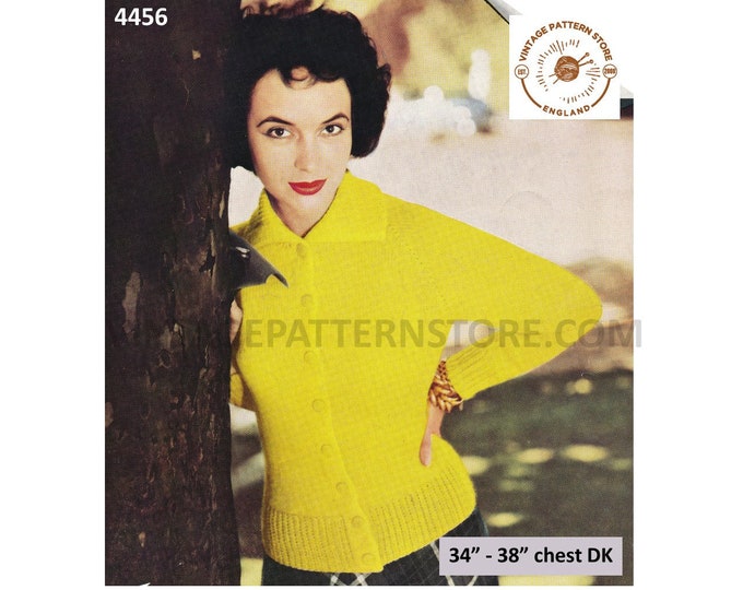 Womens Ladies 50s vintage quick & easy to knit DK round neck collared plain raglan cardigan pdf knitting pattern 34" to 38" Download 4456