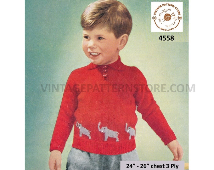 Boys 50s vintage 3 ply shirt neck elephant intarsia motif raglan sweater jumper pullover pdf knitting pattern 24" to 26" Download 4558