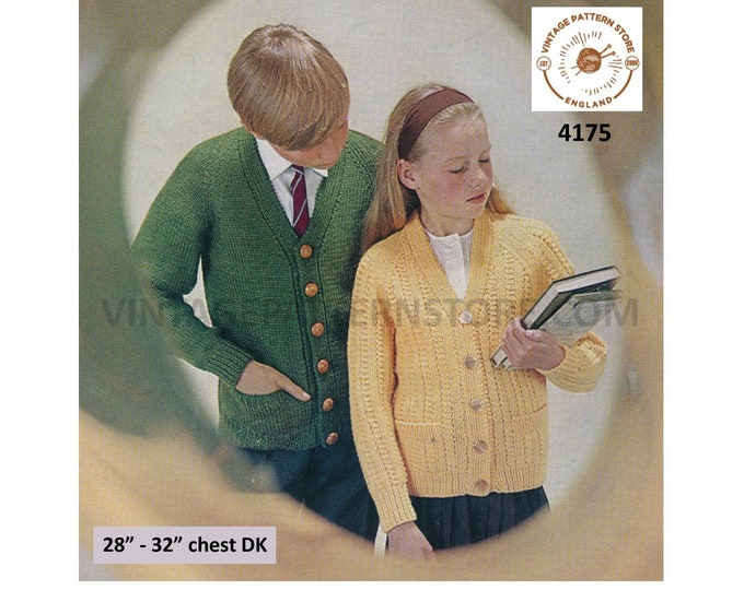 Girls Boys 60s vintage simple and easy to knit V neck striped and plain raglan DK cardigan pdf knitting pattern 28" to 32"  Download 4175