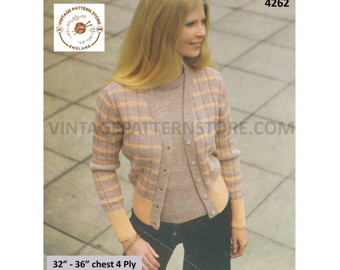 Ladies Womens 70s 4 ply round neck deep welt raglan sweater & check striped cardigan twin set pdf knitting pattern 32" to 36" Download 4262