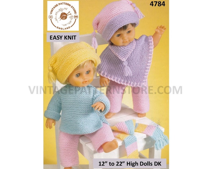 12" 14" 15" 16" 18" 19" 20" 22" DK quick and easy to knit dolls clothes poncho trousers hat sweater scarf pdf knitting pattern Download 4784