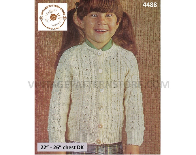 Girls Toddlers 70s vintage round neck cable cabled raglan DK cardigan pdf knitting pattern 22" to 26" Instant PDF Download 4488