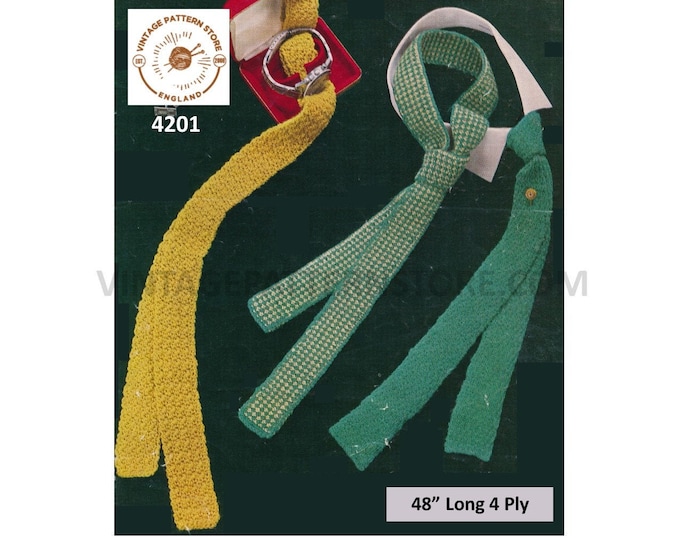 Mens Mans 60s vintage 4 ply easy to knit & crochet ties pdf knitting crochet pattern 3 designs to knit 48" long Download 4201