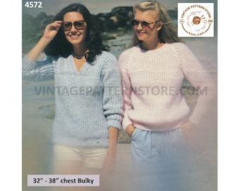 80s Bulky Raglan Sweater Knitting Pattern, V-Neck or Round Neck 32-38" Bust (PDF Pattern)