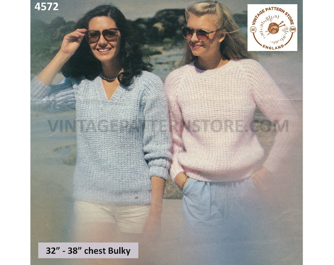 Ladies Womens 80s beginners fun quick & easy to knit round V neck bulky raglan sweater jumper pdf knitting pattern 32" to 38" Download 4572