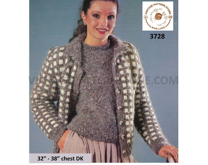 Ladies Womens 80s vintage round neck check raglan DK cardigan & sweater jumper twin set pdf knitting pattern 32" to 38" PDF download 3728
