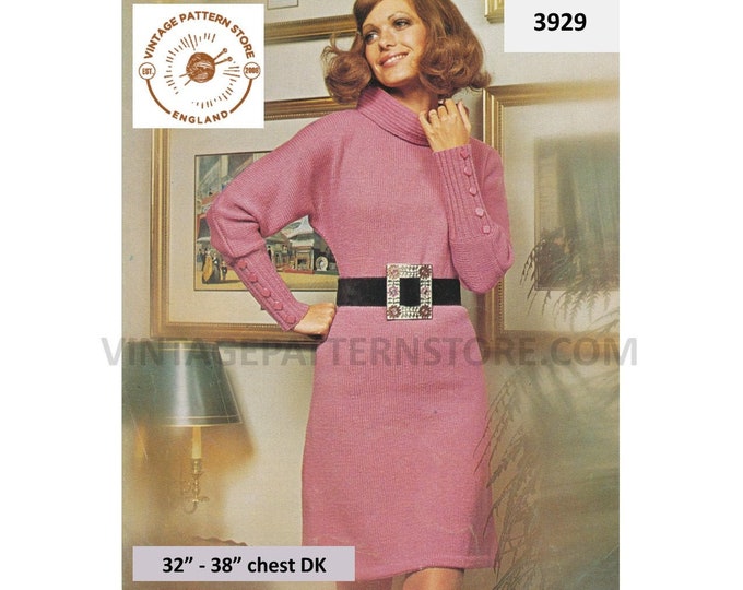 Ladies Womens 70s vintage easy to knit polo neck button cuff dolman sweater dress pdf knitting pattern 32" to 38" Instant PDF download 3929
