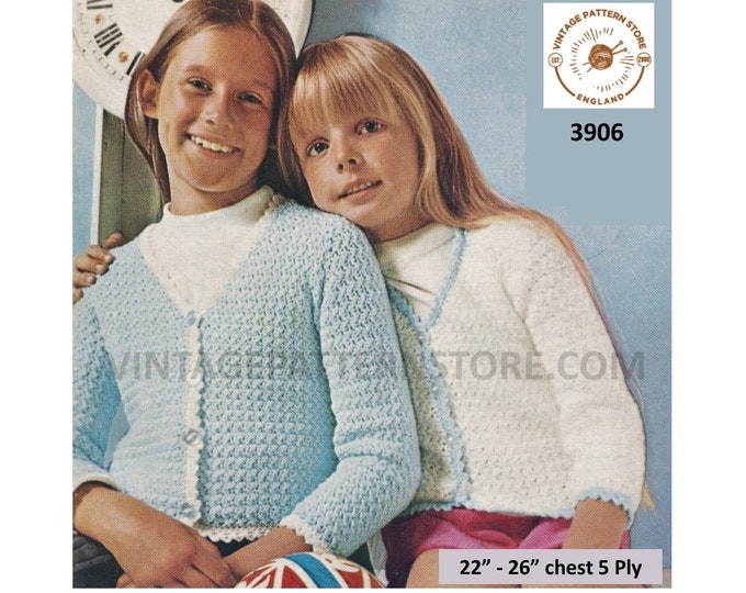 Girls Toddlers 70s vintage 5 ply sports wool textured picot edge V neck raglan cardigan pdf knitting pattern 22" to 26" PDF download 3906