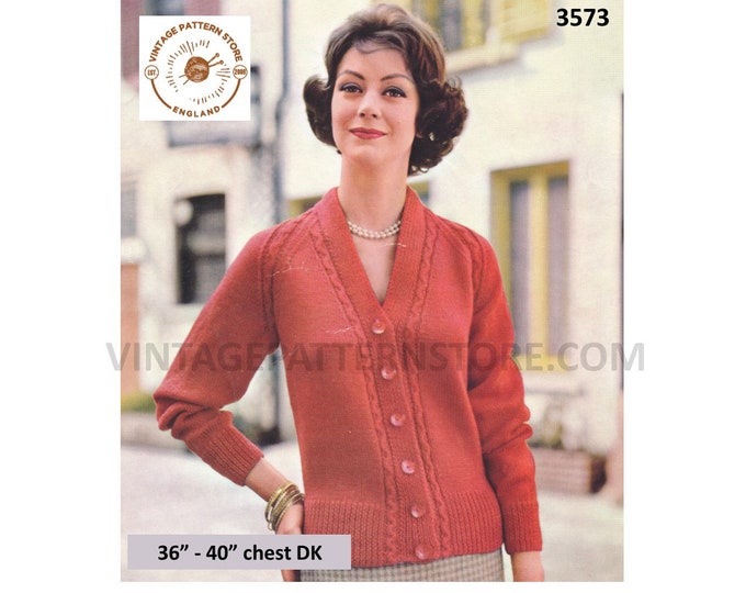 Ladies Womens 50s vintage DK V neck cabled cable edge raglan cardigan pdf knitting pattern 36" to 40" chest Instant PDF download 3573