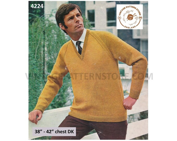 Mens Mans 60s vintage plain and simple easy to knit V neck DK raglan sweater jumper pdf knitting pattern 38" to 42" chest Download 4224