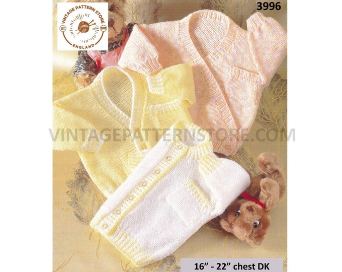 Baby Babies 90s easy to knit round V neck or crossover double breasted raglan cardigan pdf knitting pattern 16" to 22" PDF download 3996