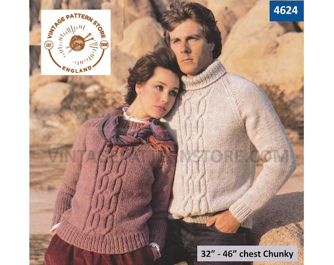 Womens Mens 80s vintage chunky knit cabled cable panel crew polo neck raglan sweater jumper pdf knitting pattern 32" to 46" Download 4624