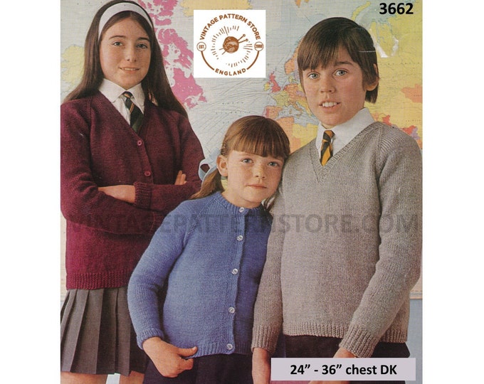 Boys Girls 70s plain and simple easy to knit V or round neck raglan DK cardigan sweater jumper pdf knitting pattern 24" to 36" Download 3662