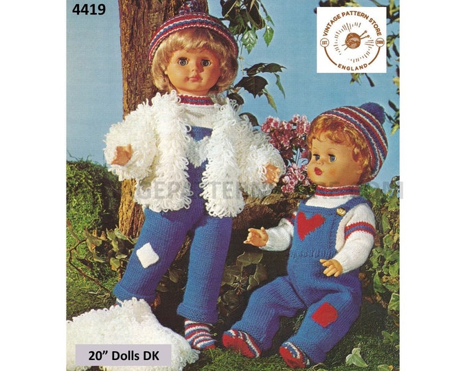 80s vintage 20" DK dolls clothes hat cap sweater dungarees romper suit loopy jacket & socks pdf knitting pattern Instant PDF Download 4419