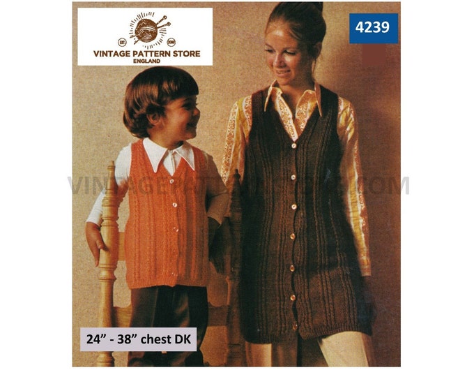 Ladies Womens Girls 70s vintage DK V neck long line ribbed sleeveless cardigan waistcoat pdf knitting pattern 24" to 38" chest Download 4239