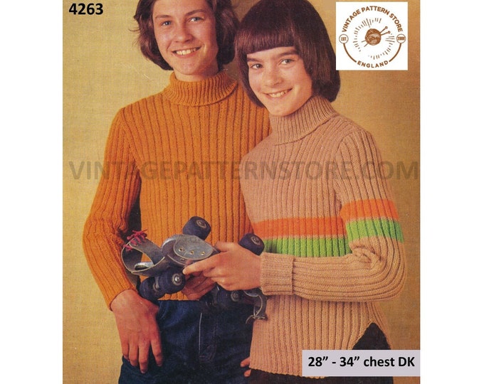 Boys 70s vintage DK polo neck striped & plain skinny rib ribbed raglan sweater jumper pullover pdf knitting pattern 28" to 34" Download 4263