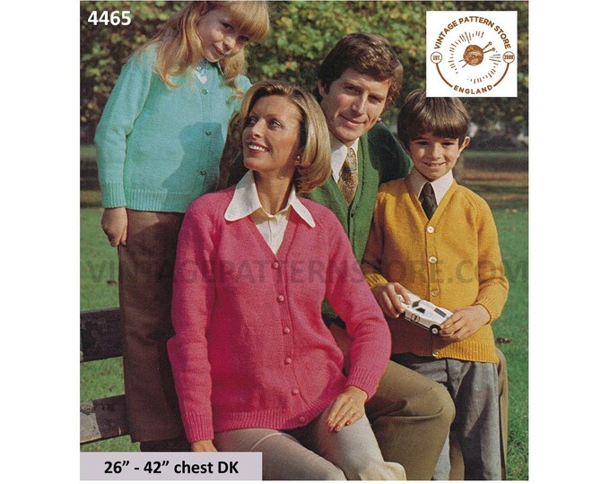 Womens Mens Boys Girls 70s family plain and simple easy to knit V neck DK raglan cardigan pdf knitting pattern 26" to 42" PDF Download 4465