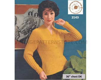 Patrón de tejido de cárdigan vintage de los años 50: cuello en V, canalé y raglán, busto de 91 cm (patrón en PDF)