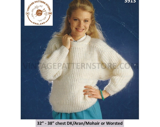 Ladies Womens 90s beginners easy to knit DK aran worsted or mohair dolman sweater jumper pdf knitting pattern 32" to 38" PDF download 3913