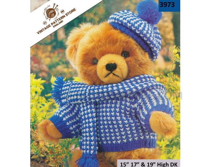 90s DK 15" 17" 19" high cuddly teddy bear clothes sweater scarf and hat pdf knitting pattern PDF download 3973