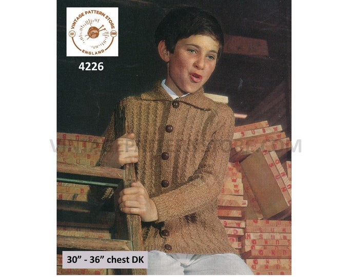 Boys 70s vintage DK round neck collared cabled cable rib ribbed raglan cardigan jacket pdf knitting pattern 30" to 36" chest Download 4226