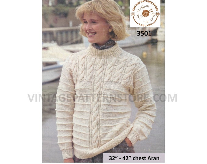 Womens 90s crew neck horizontal ridge cabled twist cable yoke raglan aran sweater jumper pdf knitting pattern 32" to 42" Download 3501