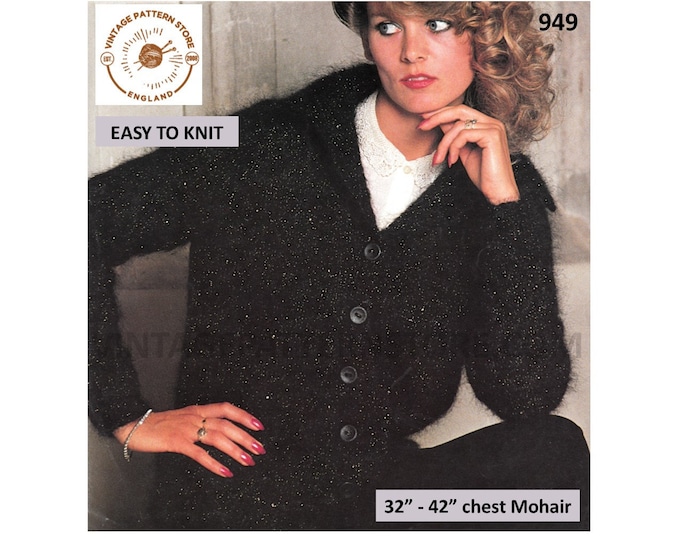 Ladies Womens 90s simple and easy to knit shawl collar V neck raglan mohair cardigan pdf knitting pattern 32" to 42" PDF download 949