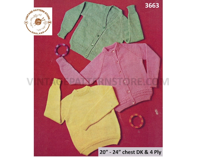 Baby Babies Toddlers plain and simple easy to knit DK 4 ply raglan cardigan sweater jumper pdf knitting pattern 20" to 24" PDF download 3663