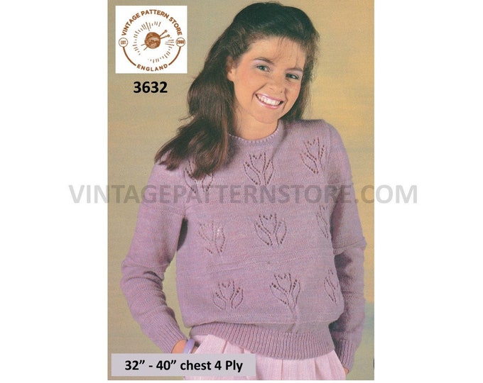 Ladies Womens 80s 4 ply picot round neck floral eyelet lace lacy raglan sweater jumper pdf knitting pattern 32" to 40" Download 3632