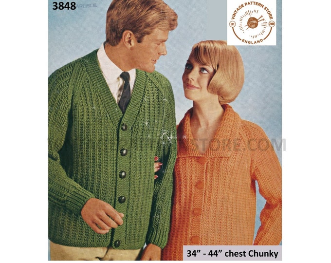 Womens Ladies Mens 70s vintage easy to knit V neck rib ribbed chunky knit raglan cardigan pdf knitting pattern 34" to 44" PDF download 3848