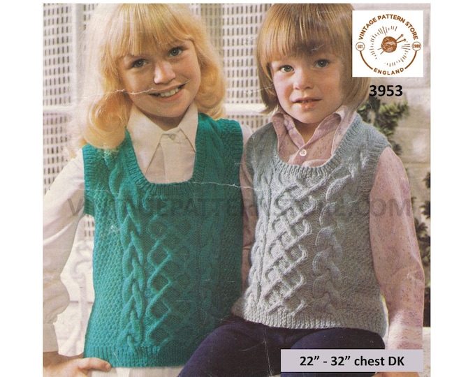 Girls Boys 70s vintage DK scoop neck cable cabled slipover sweater vest tank top pdf knitting pattern 22" to 32" instant PDF download 3953