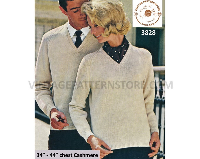 Ladies Womens Mens 70s vintage quick and easy to knit V neck cashmere raglan sweater jumper pdf knitting pattern 34" to 44" Download 3828