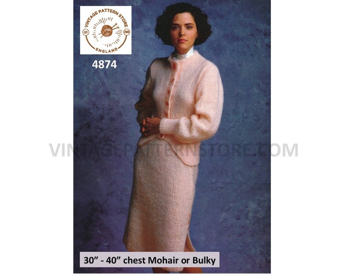 Womens Ladies 90s mohair or bulky easy to knit round neck dolman cardigan and split side skirt pdf knitting pattern 30" to 40" Download 4874