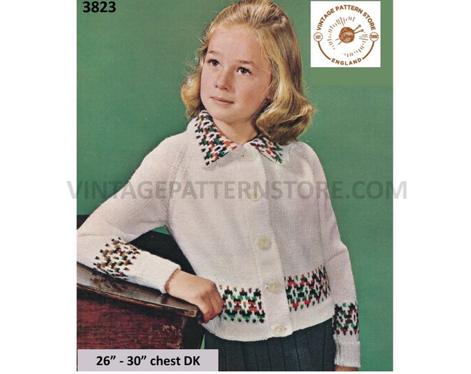 Girls 70s vintage easy to knit fair isle banded round neck raglan DK cardigan pdf knitting pattern 26" to 30" chest PDF download 3823