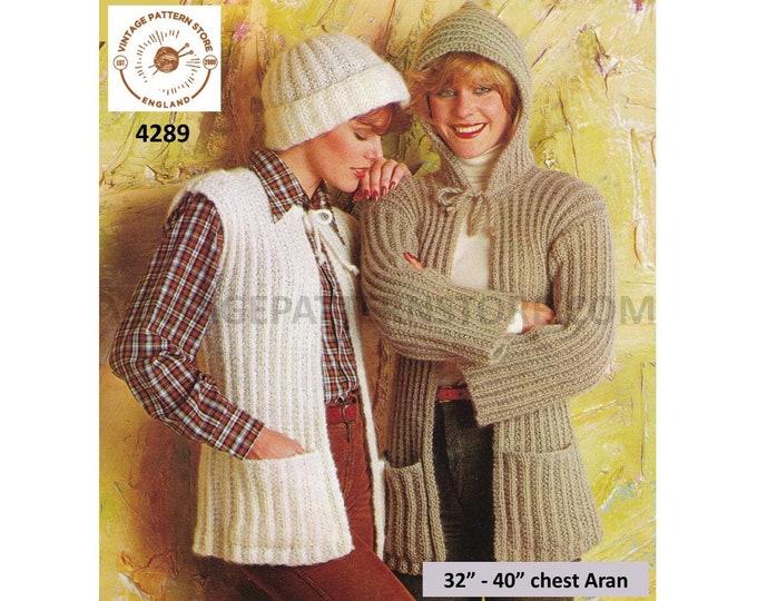 Ladies Womens 80s vintage ribbed aran tie neck hoodie cardigan jacket waistcoat & cap hat pdf knitting pattern 32" to 40" Download 4289