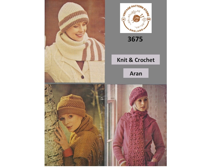 Ladies Womens 80s vintage aran hat cap and scarf pdf knitting & crochet pattern 3 designs to make Instant PDF download 3675