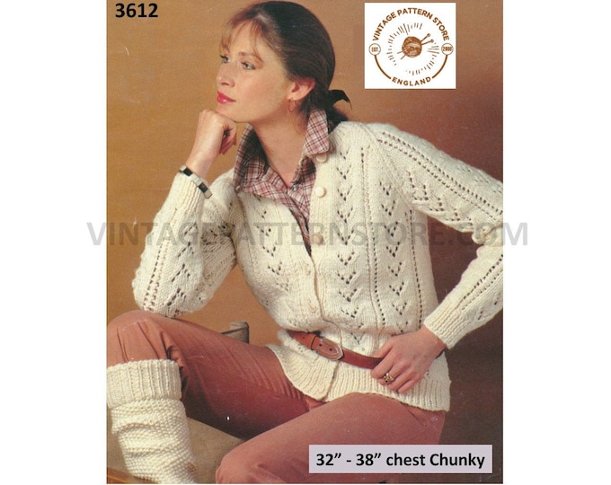 Ladies Womens 90s round neck chevron eyelet lace lacy chunky knit raglan cardigan leg warmers pdf knitting pattern 32" to 38" Download 3612