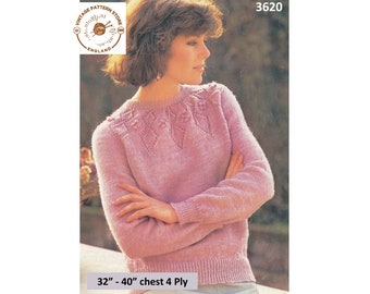 Ladies Womens 80s vintage 4 ply round neck lacy eyelet lace yoke yoked raglan sweater jumper pdf knitting pattern 32" to 40" Download 3620