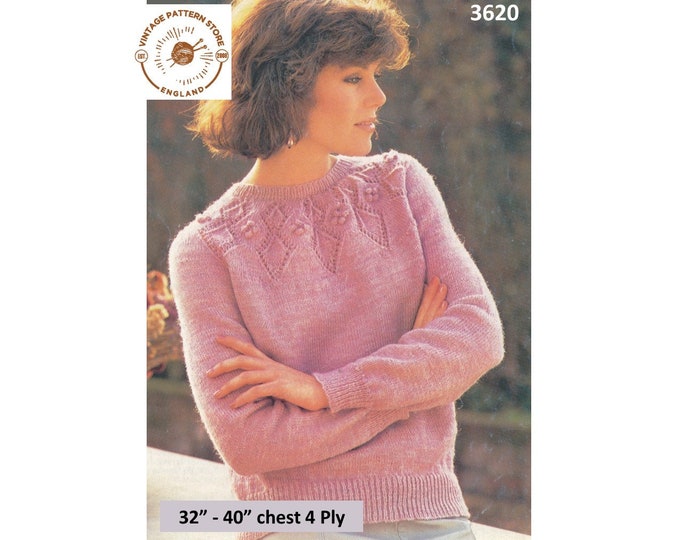 Ladies Womens 80s vintage 4 ply round neck lacy eyelet lace yoke yoked raglan sweater jumper pdf knitting pattern 32" to 40" Download 3620