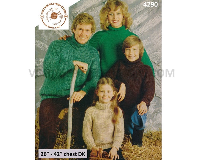Ladies Womens Mens Boys Girls 80s family DK textured polo neck turtleneck sweater jumper pdf knitting pattern 26" to 42" Download 4290