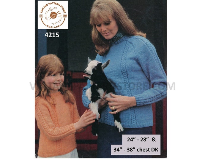 Ladies Womens Girls 60s vintage DK crew neck cable cabled raglan sweater jumper pdf knitting pattern 24" to 28" & 34" to 38" Download 4215