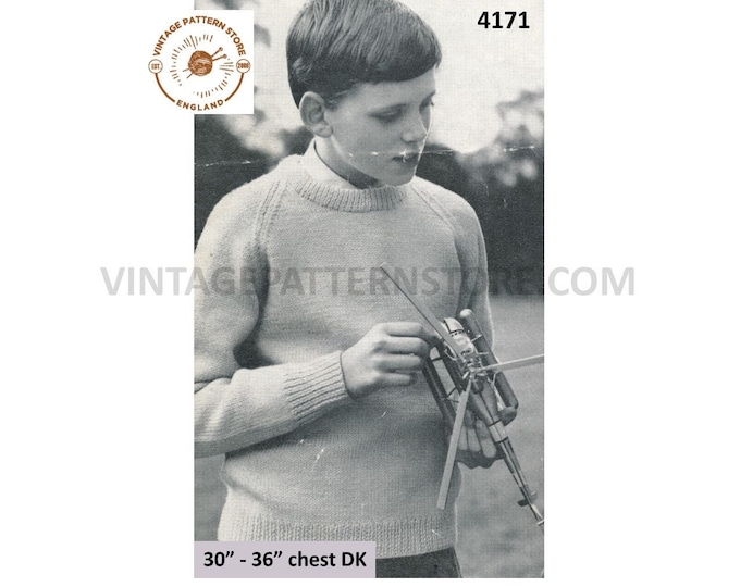 Boys 50s vintage V or round neck quick simple and easy to knit DK raglan sweater jumper pdf knitting pattern 30" to 36" PDF Download 4171