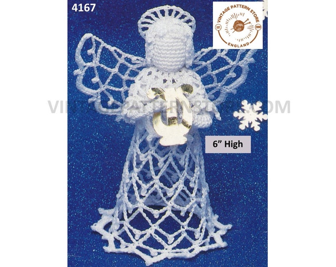 80s vintage crochet angel fairy Christmas tree ornament decoration pdf crochet pattern 6" High Download 4167